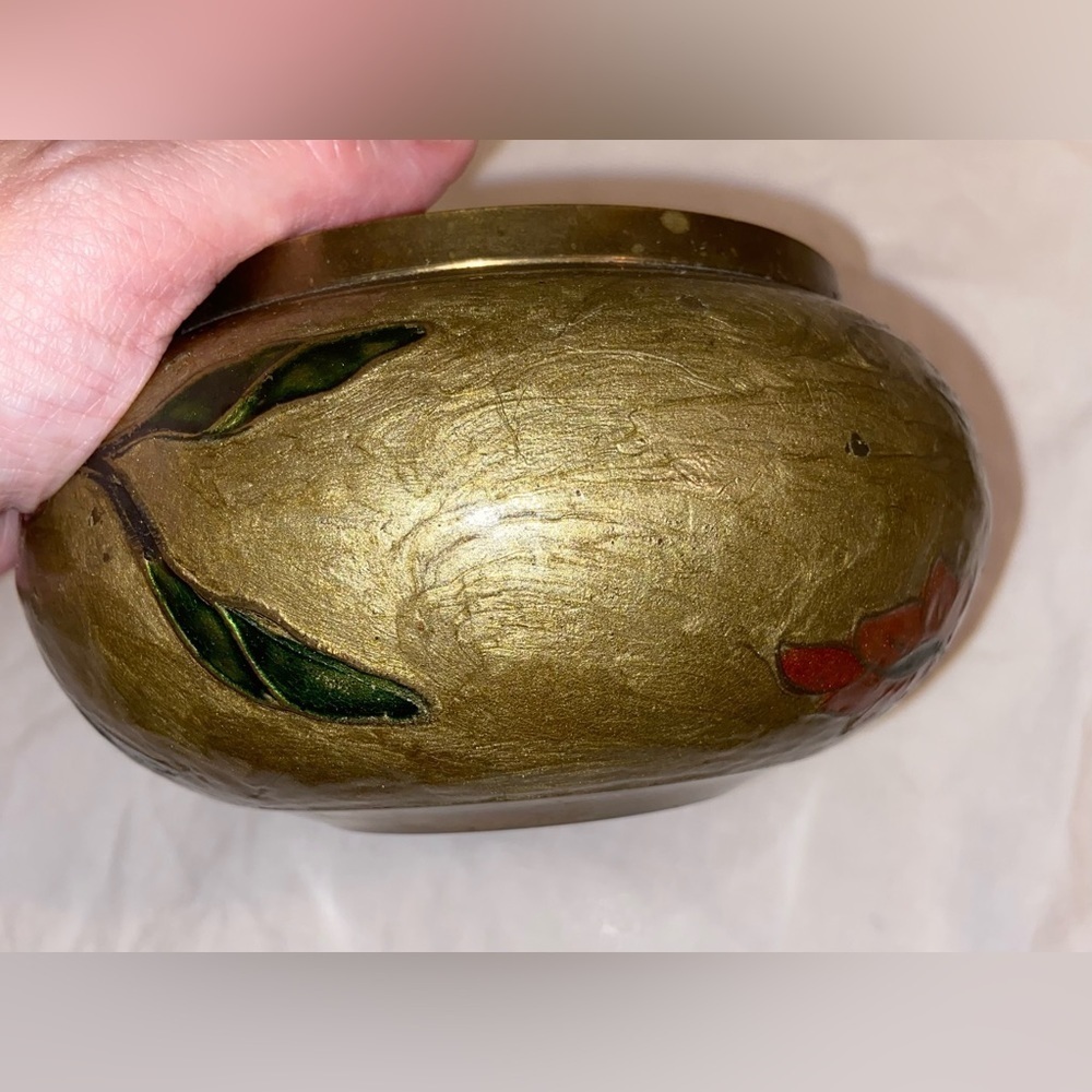 Vintage Brass enameled hand painted floral golden Bowl with lid - Picture 12 of 15